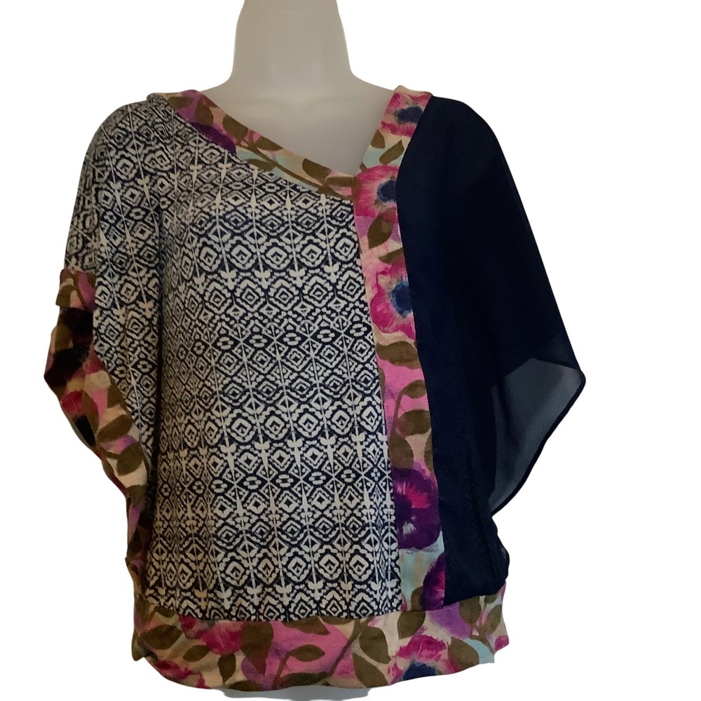 Vanessa Virginia Anthropologie Mixed Print Blouse Floral Ikat Asymmetric Navy S - Picture 6 of 15